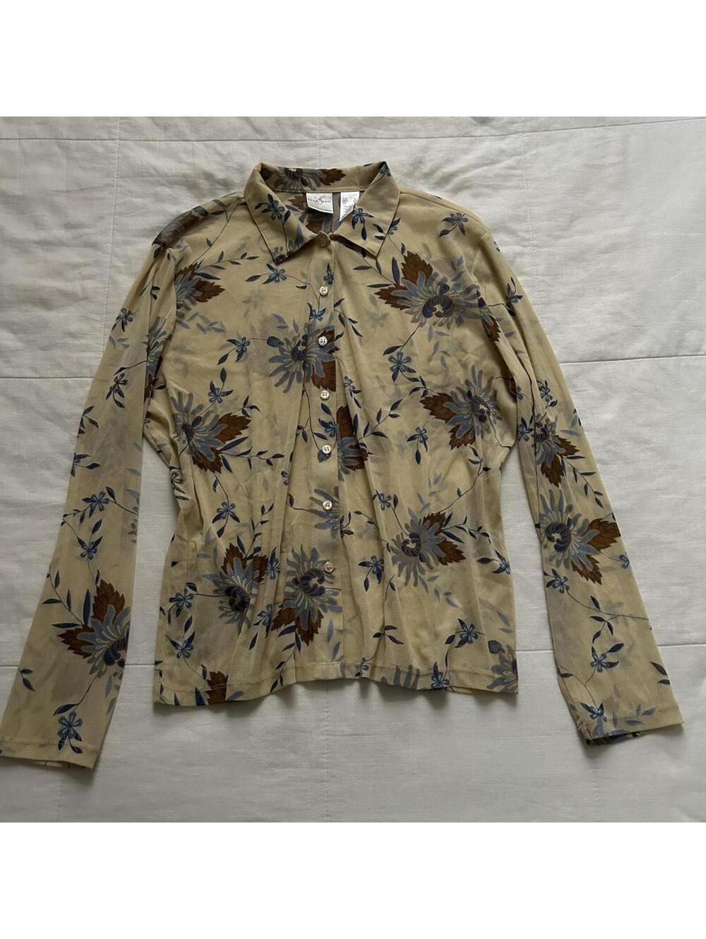 Emma & James Yellow Blue Floral Semi Sheer Button Up Shirt Size XL